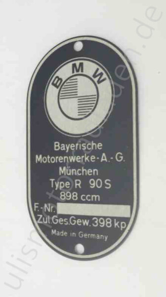 Typenschild für BMW R90S, bis Baujahr 09/1975, am Rahmen, oval