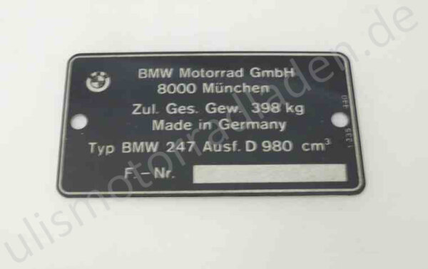Typenschild für BMW R100S, 980cm³