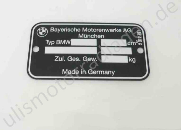 Typenschild "blanko" für BMW R45/R65 und R60/6-R100