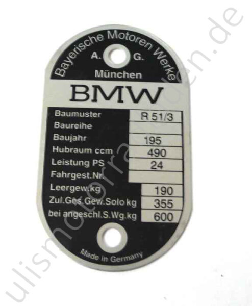 Typenschild für BMW R51/3, am Lenkkopf