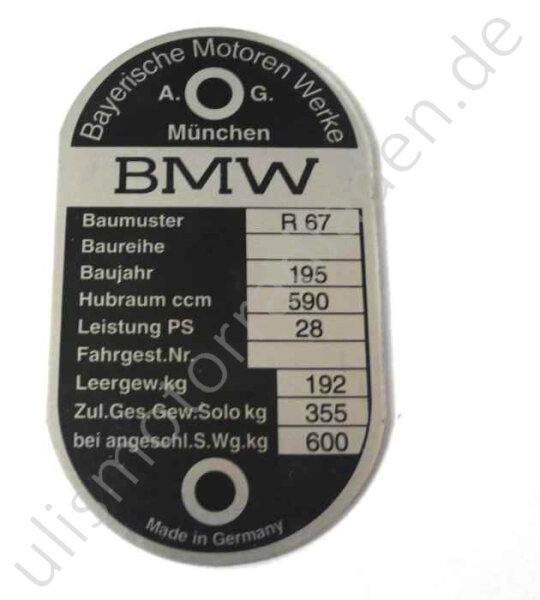 Typenschild für BMW R67, R67/2 und R67/3, am Lenkkopf